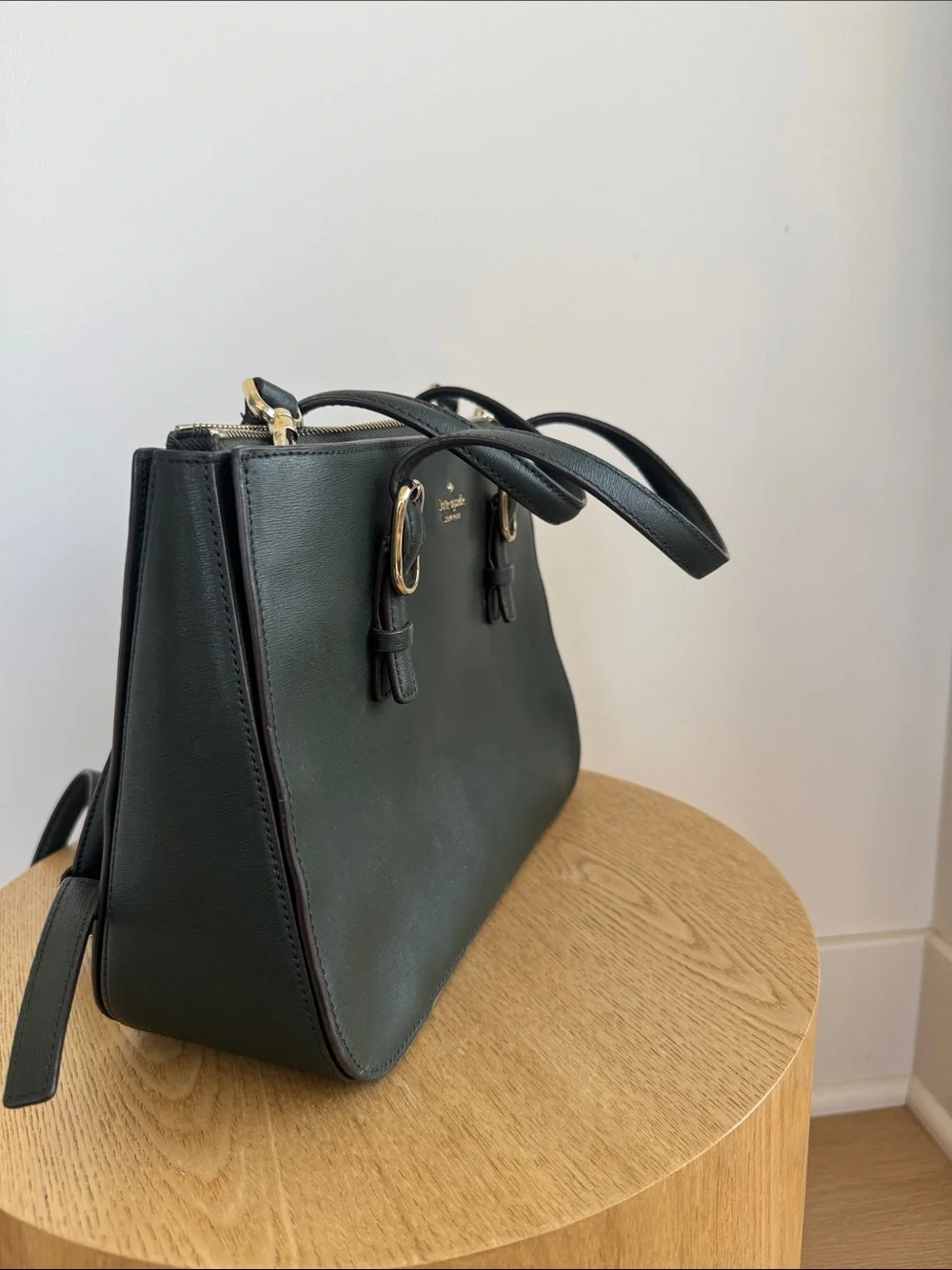 kate spade Black Leather Double-Zip Satchel with Gold Hardware
